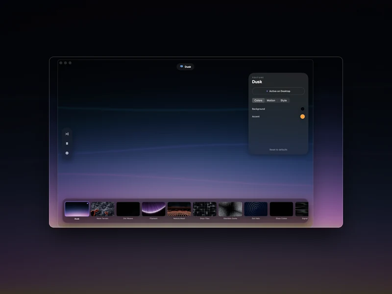 Dusk open on a Mac, its shader wallpaper running behind the control panel