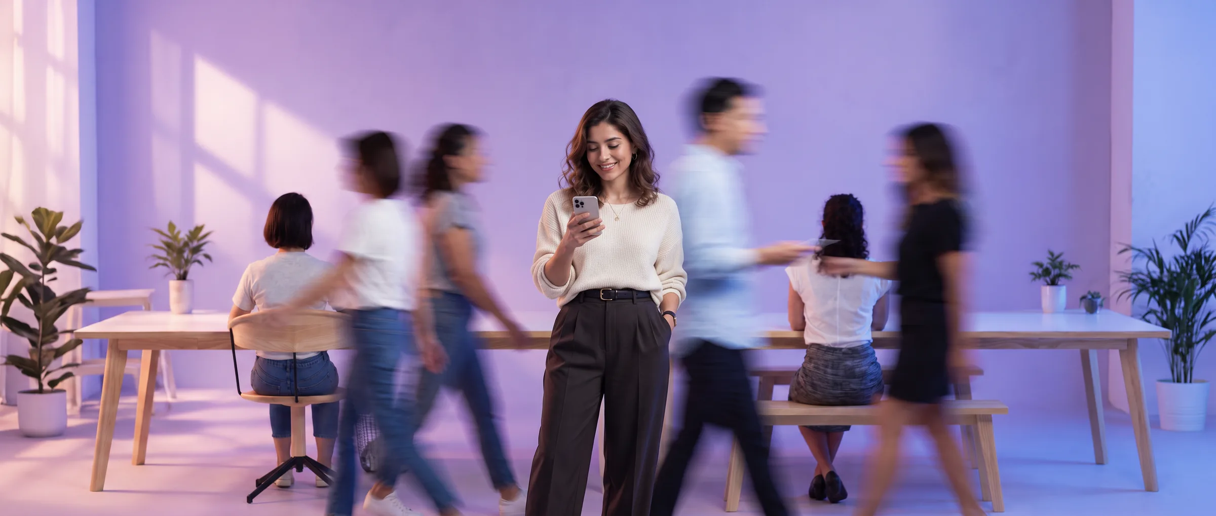 A woman reading her phone in the middle of a studio floor, and the team at work along the benches either side of her